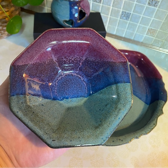 Vintage Pottery Set whimsical colours & heart candle holder jewelry dish catchal - Picture 7 of 12